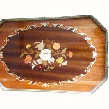 Stunning! VINTAGE Italian Inlaid Serving Tray//  Marquetry Inlaid Wood Serving Tray with Brass Gallery Rail and Handles 