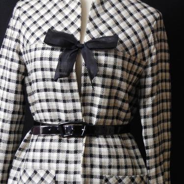50s Checkered Plaid  Ink Black Beige White Jacket Blazer Women's Medium 