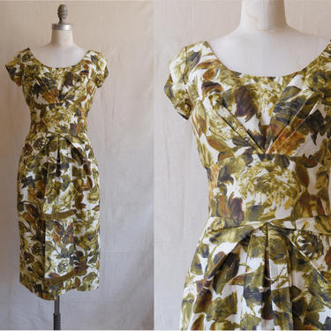 Vintage 50s Cotton Wiggle Dress/ 1950s Kay Selig Leaf Floral Painterly Print Short Sleeve Dress/ Medium 28 