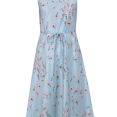 Tucker - Light Blue, Pink & Green Floral Print Belted Silk & Cotton Slip Dress Sz L
