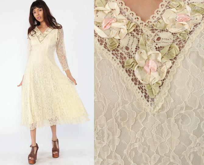Cream Lace Dress 80s Party Wedding Dress Long Sheer Sleeve