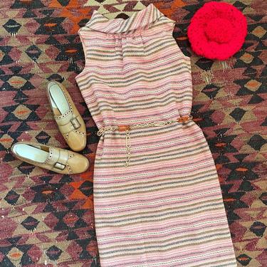 1960s sleeveless striped wool mini dress with mock neck, fully lined 
