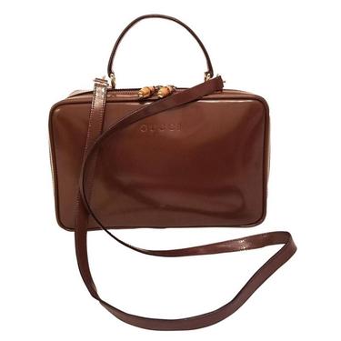 Gucci 2 Way Lunch Tote w Bamboo Details Train Case Vanity Bag Brown 