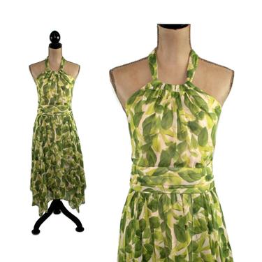 Flowy Chiffon Halter Dress Medium, Green Leaf Print, Handkerchief Hem Romantic, Boho Summer Dress Women Medium Size 8, Y2K Vintage Clothing 