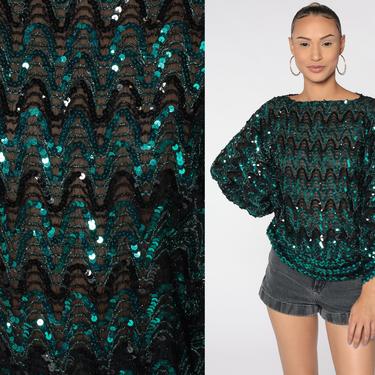 Sequin Blouse Balloon Sleeve Party Top Green Black Shirt Metallic Top 80s Disco Glam Trophy 1980s Vintage Long Sleeve Cocktail Small S 