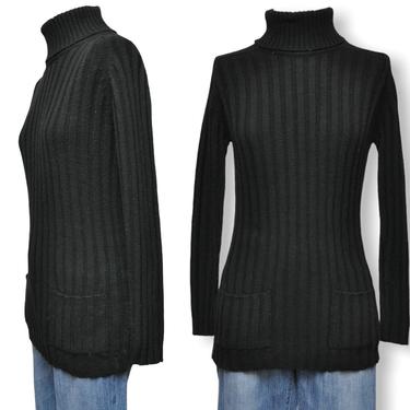 70’s Black Ribbed Knit Turtleneck Sweater with Front Pockets 