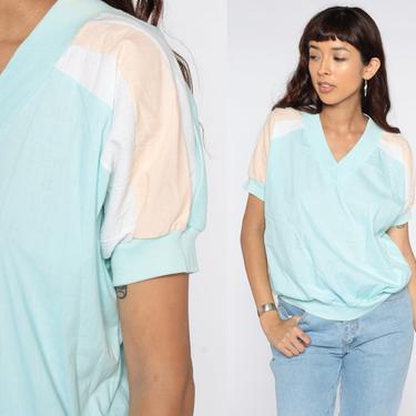 80s Striped Shirt -- Light Blue Top Slouchy Shirt V Neck Retro Tee Vintage Slouch Short Sleeve Loose Medium 