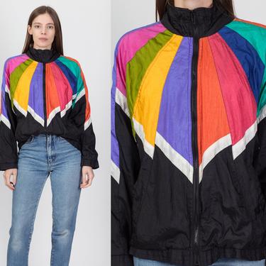 80s Black Colorful Striped Windbreaker - Large | Vintage Zip Up Color Block Streetwear Geometric Jacket 