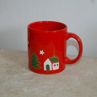 Beautiful Waechtersbach West Germany Red Christmas Mug w Snowy Houses, Trees and Reindeer ~ Christmas Eve ~ Christmas Coffee ~ X-mas Holiday 