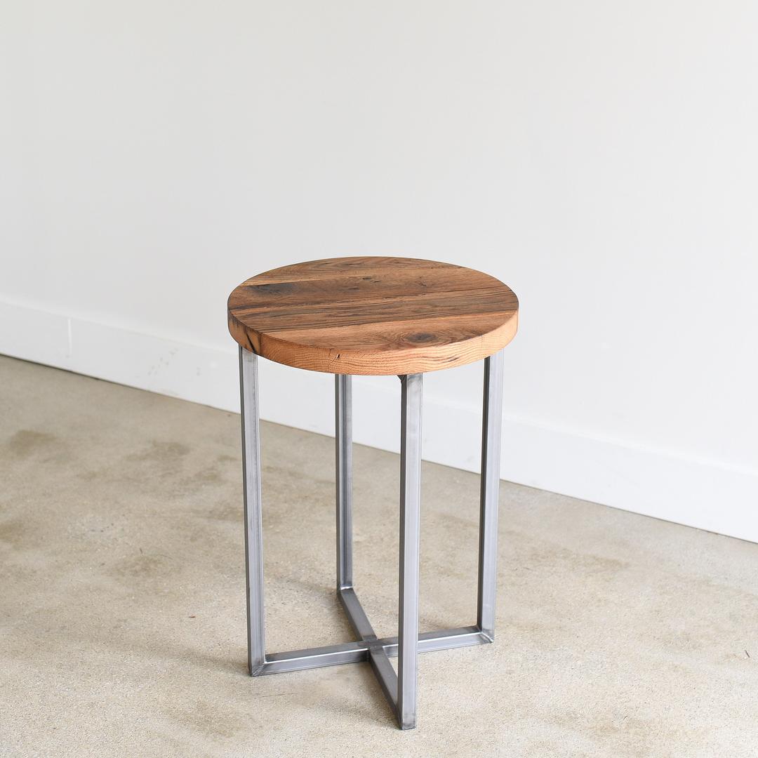 Round Reclaimed Wood Accent Table Steel Frame Pedestal What We Make Chicago Il