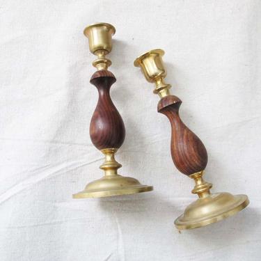 Vintage 60s Candlestick Pair - 1960s Wood Candle Holder - Brass Candlestick - Tall Candlestick Taper Candles Farmhouse Country Cottage Decor 