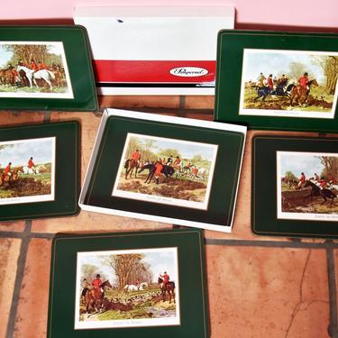 Vintage Pimpernel 1970's Horse Hunting Scene London England, SET of 6, Original Box, &quot;English Hunting Green&quot;, 9 X 12, Place Mats, placemats 