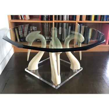 Vintage Boho Lacquer Coffee Table Swans & Glass 