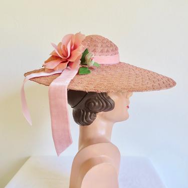 Vintage 1950's Pink Wide Brim Straw Hat Silk Rose Velvet Ribbon Trim  Spring Summer Garden Party Bridal Wedding Kentucky Derby Ascot 