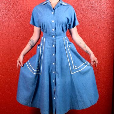 1940s Nautical Dress Chambray Blue with Stars 