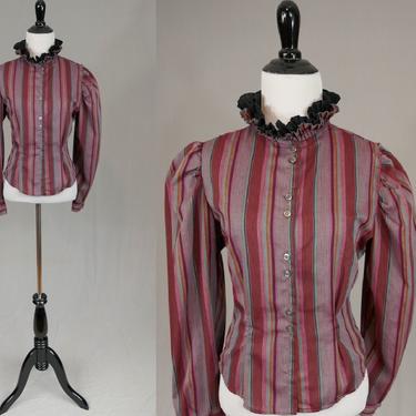 80s Ruffle Neck Striped Blouse - Puff Sleeves - Red Gray Pink Dark Wine Black Striped - Try 1 - Vintage 1980s - M 39" bust 