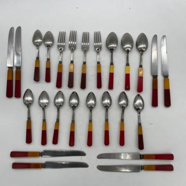 1930s Two Toned Butterscotch &amp; Cherry Red and Green Buttercotch Dual Tone Bakelite and Lucite Stainless Steel Knives Mix Match Set of 34 
