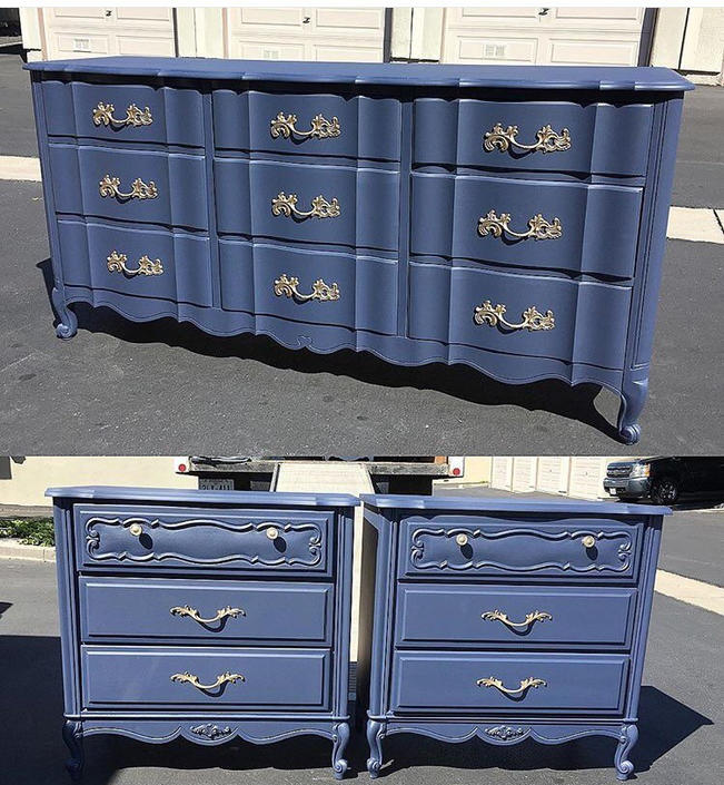 Sample French Provincial Bedroom Set Dark Navy Blue Dresser And Side Tables By Simonsayssalvage
