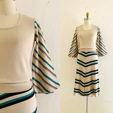 vintage 70's chevron stripe 2 piece set // 70's knit top & skirt set 
