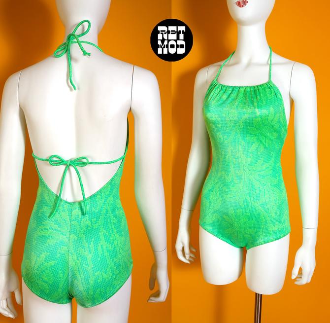 Sassy Vintage 60s 70s Bright Green Snakeskin Floral Pattern One Piece Bathing Suit From Retmod Of Atlanta Ga Attic