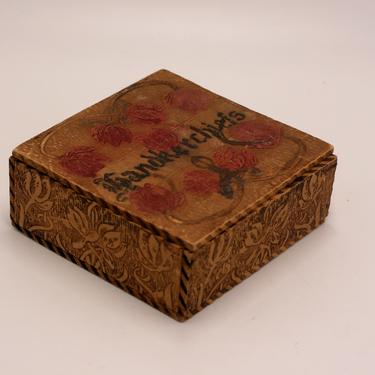 vintage Pyrography wooden handkerchief box/victorian hankie box 