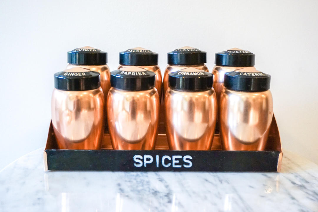 Vintage Set of 8 Copper Spice Jars with Original Lids and