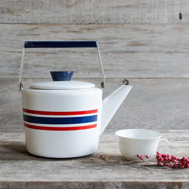 Vintage Cathrineholm White Striped Your Club Celebration Norway Enamel Coffee Teapot Kettle Scandinavian Made in Norway - Mid Century 