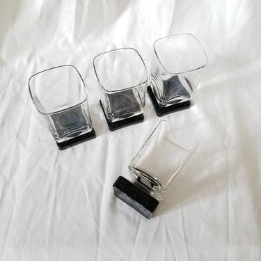 Vintage Footed Cocktail Glasses / Low Ball Glass Set of Four / Square Black Base Rocks Glasses / Amaretto Cordial Juice Glassware Barware 