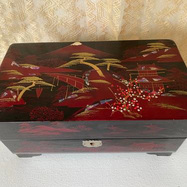 Vintage Japanese Jewelry Box, Black Lacquer Music Box, Asian Jewel Box With Twirling Ballerinas And Key, Japan, Inlaid Abalone 