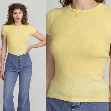 70s Yellow Pointelle Knit Top - Extra Small | Vintage Loomtogs Tennis Diagonal Striped Cropped Fitted Tee 