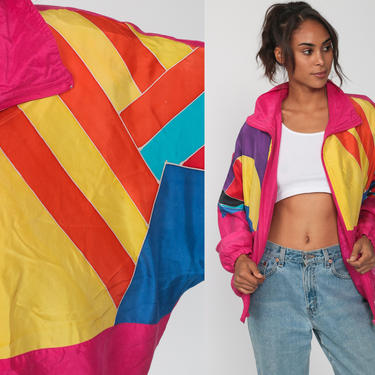 Silk Windbreaker Jacket 90s Color Block Striped Jacket Pink