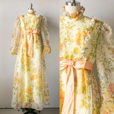 1970s Maxi Dress Chiffon Floral Ruffle S 