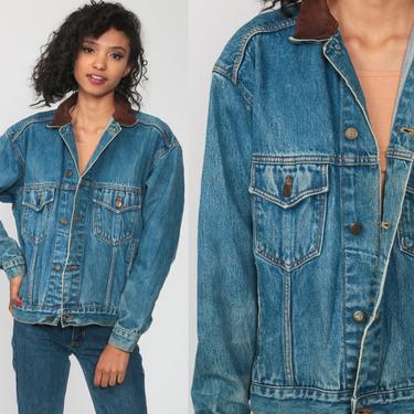 ジャケット・アウター MARLBORO 90s LeatherCollar Denim Jacket Vintage Marlboro Denim Trucker Chore Jacket Men's Medium