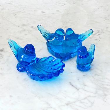 Vintage Art Glass Collection of 3 Bluebird of Happiness by Leo Ward and Ron Ray Blue Glass Bird Birds 