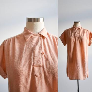 70s Soft Peach Cotton Shirt Dress 