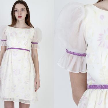 Ivory Chiffon Mini Dress / Vintage 70s Floral Dress / Velvet Daisy Flower Print Dress / Cute Bridesmaids Outfit Short Dress 