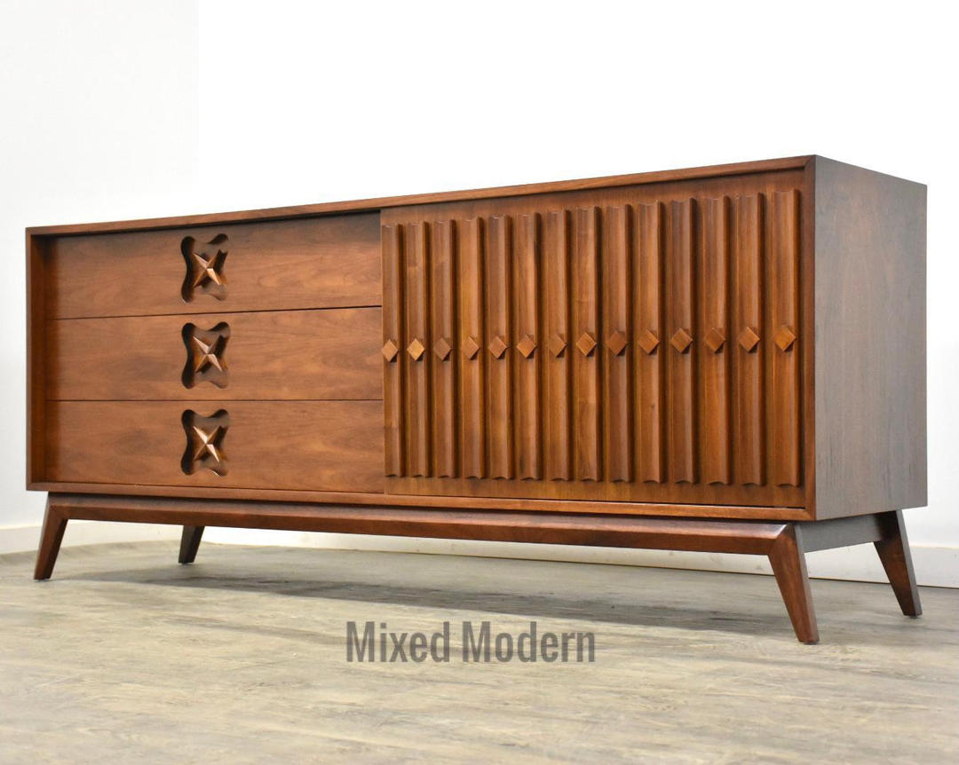 Sculpted Walnut Long Mid Century Modern Dresser Mixed Modern Nashua, NH