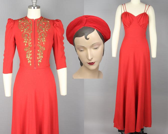 Années 1930 30s vintage robe de soirée couture modèle reproduction / robe  de cocktail et boléro / Anglais Français / buste 32 34 36 38 40 42 / 1930 -   France