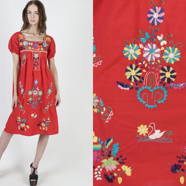 Red Mexican Embroidered Cotton Knee Length Swan Dress 