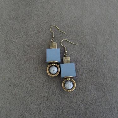 Gray wood, bronze geometric earrings, Afrocentric dangle earrings, mid century modern earrings, African earrings, bold statement, unique 