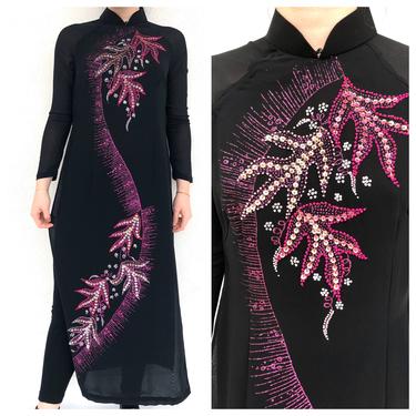 Vintage VTG 1990s 90s Purple Black Sequin Vitenamese Ao Dai Beaded Dress 