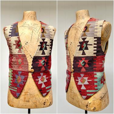 Vintage 1980s Boho Turkish Kilim Vest, 80s The Nomadic Collection with Star Motif, Solomon's Seal Weaving, Medium 42&quot; Chest 