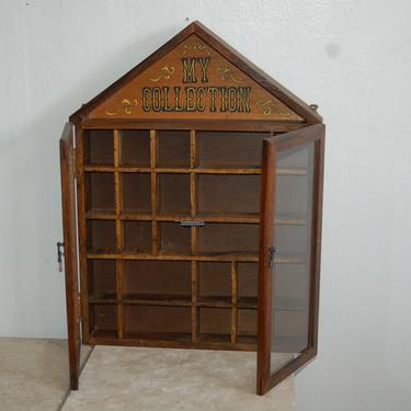 My Collection 1977 Curio Wood w Glass Doors Hanging Display Shadow Box ~ 1977 Enesco House Shape Trinket Box w Glass Doors & 25 Cubbyholes 
