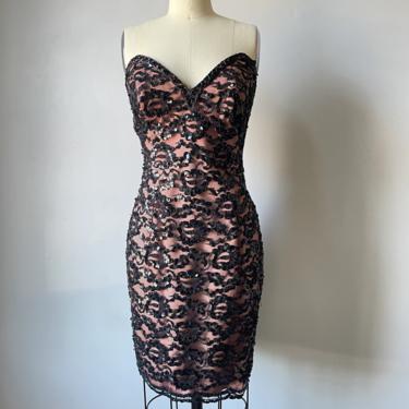 1980s Dress Tadashi Strapless Sweetheart Sequin Lace M 