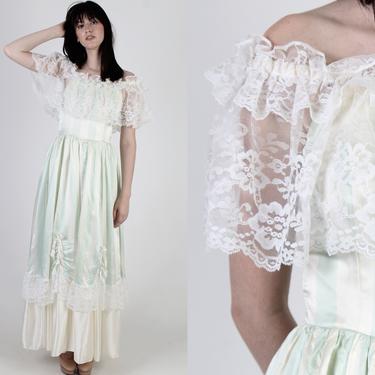 Vintage 80s Romantic Saloon Dress Ivory Striped Satin Off Shoulder Fairytale Maxi 