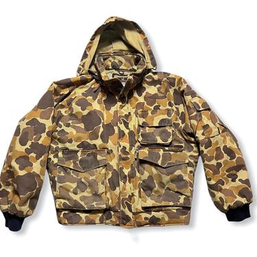 Vintage 1980s &amp;quot;GAMEHIDE&amp;quot; Camouflage Hunting Jacket ~ size L ~ Coat ~ Duckhunter Camo / Frogskin ~ Hooded 
