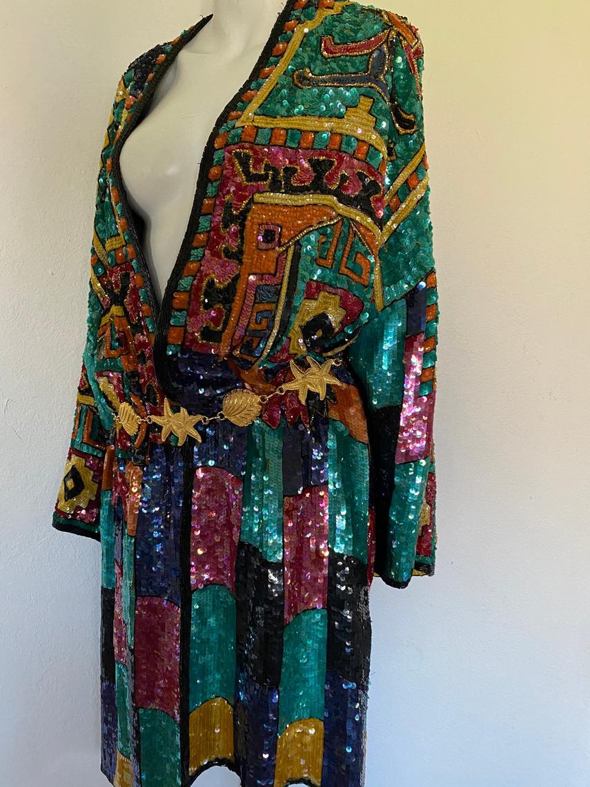 Vintage JUDITH ANN sequin and beaded duster, tribal art deco, Retrospect  Vintage Fashion