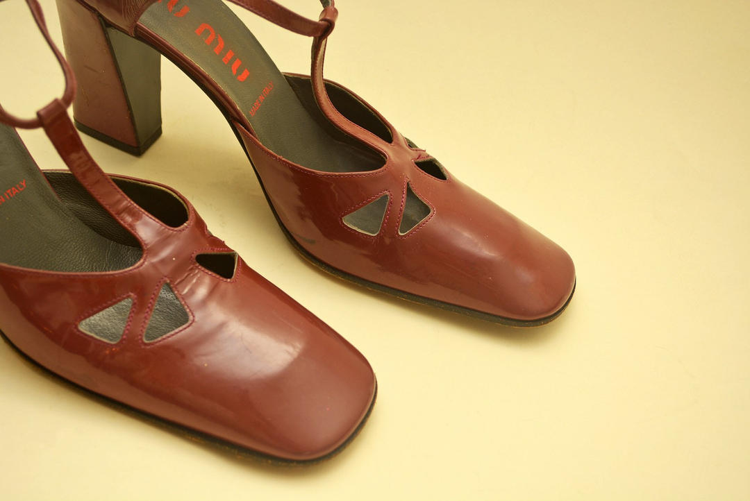 vintage 90s miu miu heels 1990s t-strap patent leather