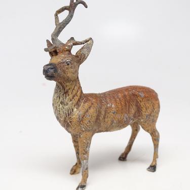Antique German Metal Reindeer with Broken Antler, Hand Painted Toy Lead Deer for Christmas Putz or Nativity 