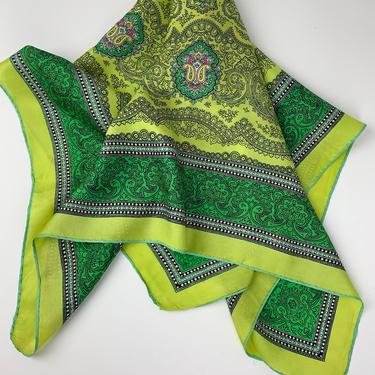 1960'S SILK Scarf - Paisley Pattern - Beautiful Tones of Green, Chartreuse, Pink &amp; Yellow - Hand Rolled Hem - 26-1/2 x 26-1/2 Inches 